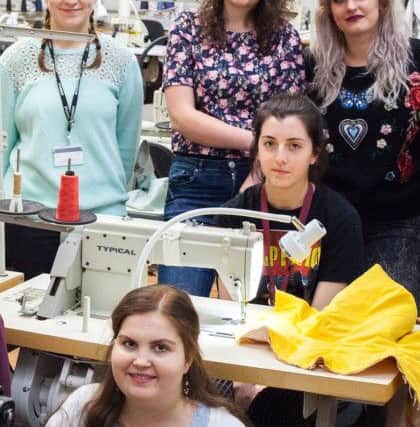 (back row) Joanna Rowling with Katie Worfolk and Rebecca Rawlinson from Kynren,  student Amy Loscombe (on sewing machine) and student Hannah Leighton