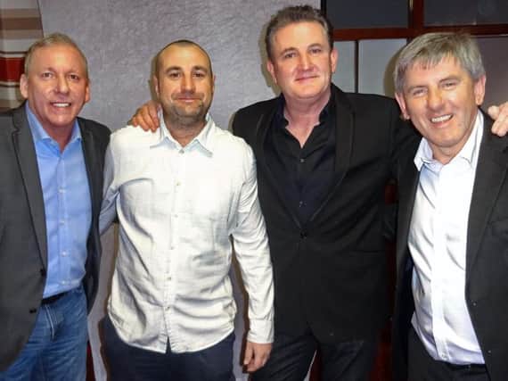 From left, Joe Allon, promoter Andy Husband, compere Paul Gough and Peter Beardsley.