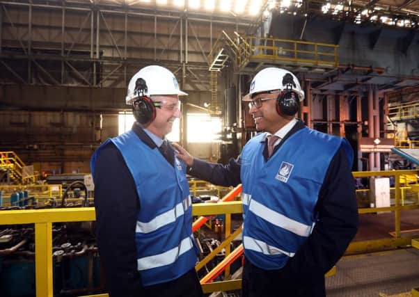 Executive Chairman Sanjeev Gupta talking to Liberty Steel Hartlepool MD Andrew Hill. Byline: Dave Charnley Photography .