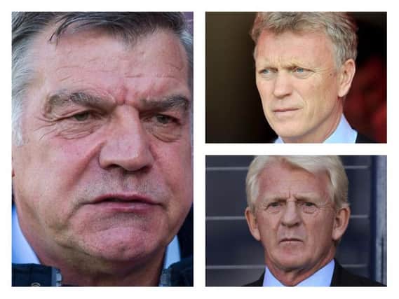 Sam Allardyce, left, has ruled himself out of the Scotland job, but says David Moyes, top right, would be his choice to replace Gordon Strachan, below.