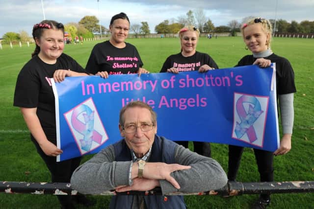 Launching Shotton Little Angels Zoe Dale, Nicole Westgarth, Clare Evans, and Sam Byson, with Funeral Director Ivan Cochrane.