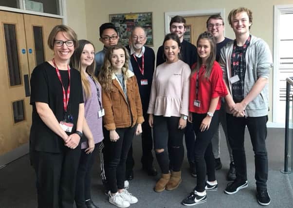 Teacher Barbara Rackstraw, Holocaust survivor Martin Stern and students from English Martyrs Sixth Form College.