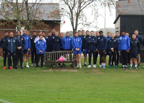 Hartlepool United  players and staff laid flowers at the Michael Maidens memorial bench.