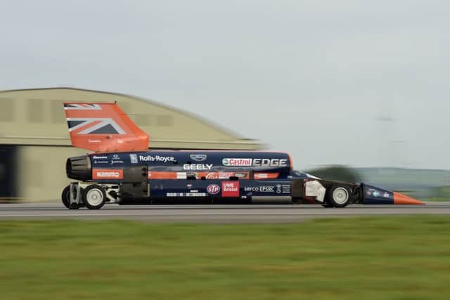 The Bloodhound 1,000mph supersonic racing car during its first public run at Cornwall Airport, near Newquay. PRESS ASSOCIATION Photo. Picture date: Thursday October 26, 2017. See PA story TRANSPORT Bloodhound. Photo credit should read: Ben Birchall/PA Wire