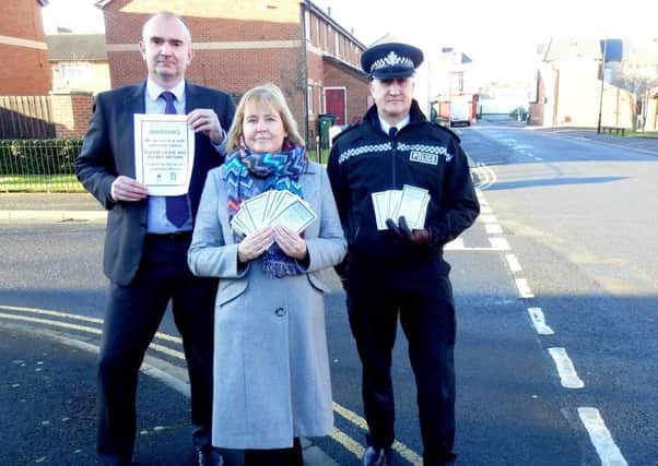 From the left Ian Harrison, Lorna Hilton, of the councils Community Safety Team, and Inspector Mal Suggitt of Cleveland Police.