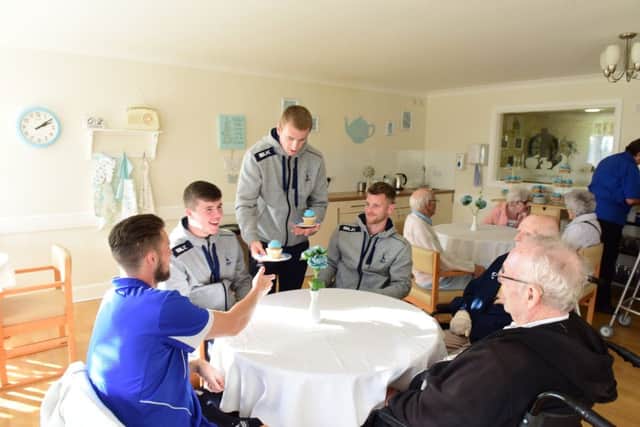 Hartlepool United players visiting Sheraton Court, Warren Road, Hartlepool, where they met resident and former Pools player Joe Ryamant.