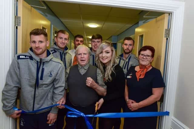 Hartlepool United players visiting Sheraton Court, Warren Road, Hartlepool, where they met resident and former Pools player Joe Ryamant. Pictured with Joe is care assistant Bethany Birks, manager Carole Thomson, asstistant manager Michael Forster and players Jonathan Franks, Scott Harrison, Ryan Catterickand Lewis Hawkins.