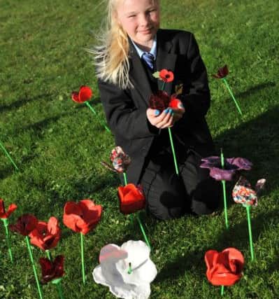 Dene Community School pupils Katelyn Daniels adds her poppy to the school Remembrance Garden.