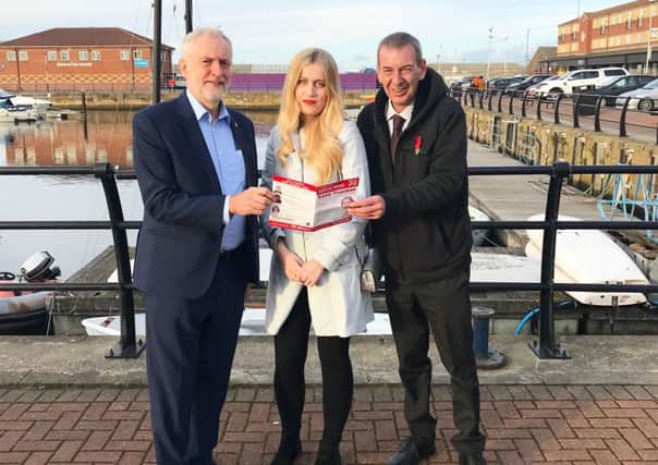 Katie Trueman, pictured with Labour leader Jeremy Corbyn and the town's MP Mike Hill.