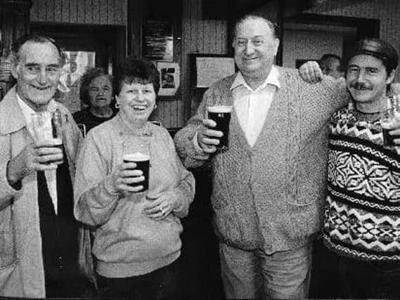 Enjoying a glass each of what is believed to be Double Maxim at Horden Comrades Club in 1994 are, left to right, Hughie Cammock, club stewardess Dorothy Sagewood, Jack Leather and Willie Benton.