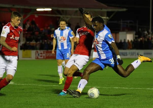 Tomi Adeloye has an effort on goal at Ebbsfleet. Picture by Gareth Williams/AHPIX