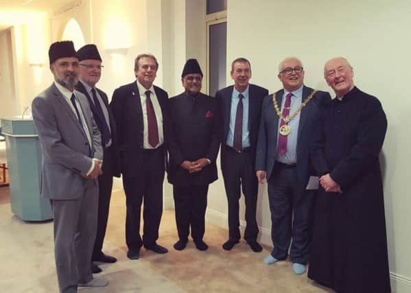 Guest speakers at Hartlepool Peace Seminar. From left, Syed Hashim Ahmad, Bilal Atkinson, Barry Coppinger, Rafiq Hayat, Mike Hill, Paul Beck and Father Michael Griffiths.