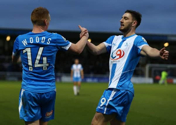 Hartlepool United V Macclesfield Town. National League.

Michael Woods celebrates after putting Pools 1-0 up.
Picture: TOM BANKS