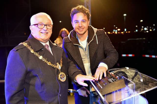 The Mayor of Hartlepool Councillor Paul Beck with actor Adam Thomas before they switched on the Christmas lights.