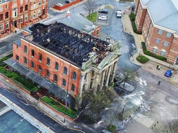 Aerial drone picture showing the damage after the fire tore through the former Wesley nightclub. Picture: Mark Flounders.