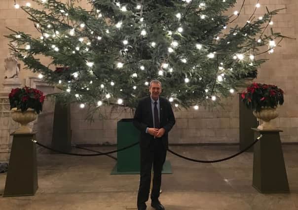 Hartlepool MP Mike Hill in front of a Christmas tree.