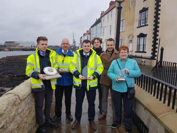 Pictured left to right with the CECA award trophies at the Town Wall are (from Seymour Civil Engineering) Engineer Will Wood, Construction Director Stuart Dickens and Contract Manager Chris Byrne and (from Hartlepool Borough Council) Engineering Technician Jacob Liddle, Principal Engineer Kieran Bostock and Councillor Marjorie James.