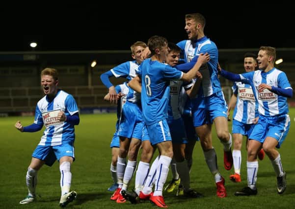 Hartlepool United Youth Team V Liverpool.  Jacob Owen scores for Hartlepool  Picture: TOM BANKS