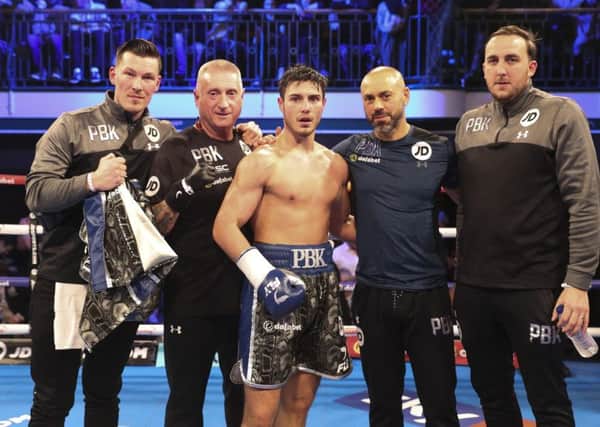 Josh Kelly and his winning team.  All pictures by Lawerence Lustig/Matchroom Ringside photos and Mark Robinson/Matchroom Backstage photography.