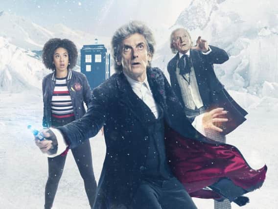 From left, Pearl Mackie as Bill, Peter Capaldi as the current Doctor and David Bradley as the original Doctor in a publicity still for the upcoming Christmas special.