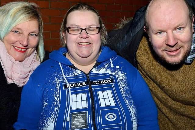 (left to right) Debbie Isgate, Sarah Kitchen and Anthony Isgate on the Dr Who red carpet.