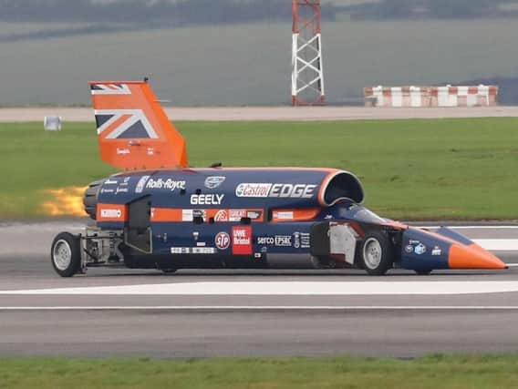 The Bloodhound during trials at Cornwall Airport in October 2017 when it reached 200mph in eight seconds. Picture Tom McCarthy Photography