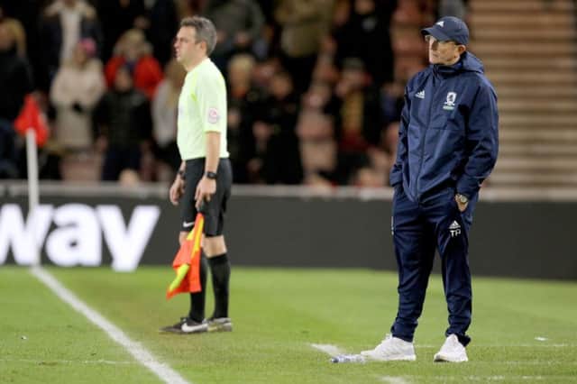Middlesbrough manager Tony Pulis watches on against Villa.