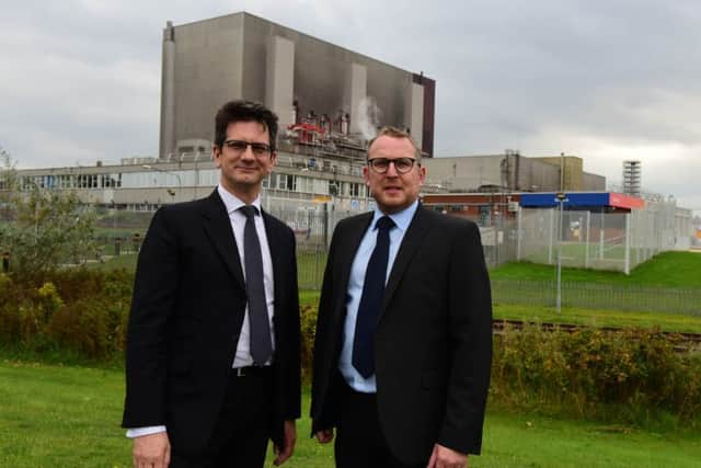 Minister at the Department for Exiting the European Union, Steve Baker (left) with Craig Dohring station director at Hartlepool Power Station, during the minister's visit in September