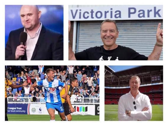 Clockwise from top left, comedian Danny Posthill, superfan Jeff Stelling, England legend Sir Geoff Hurst and former Pools player Connor Simpson.