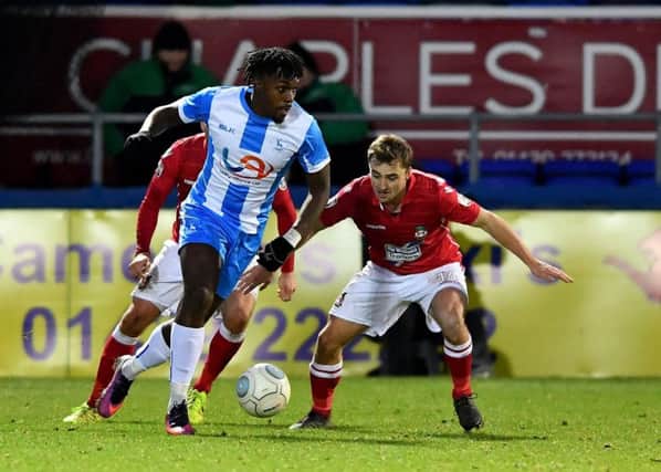 Hartlepool United's Tomi Adeloye in action against Wrexham.