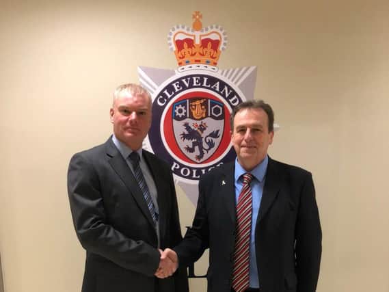 The new chief constable of Cleveland Police Mike Veale, left, with police and crime commissioner Barry Coppinger.