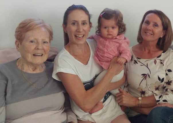 Fran Davies (left) in Australia with granddaughter Amy, her great-granddaughter, and daughter Karen Brabham.