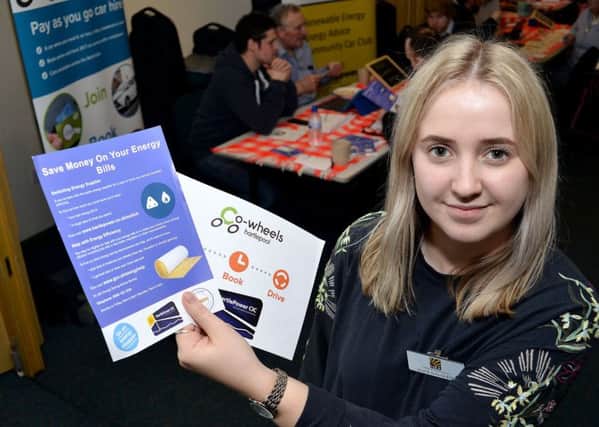 Alice Dalgleish from National Energy Action with leaflets they gave out during the Food and Fuel event held in the Bob Farrow Centre. Picture by FRANK REID