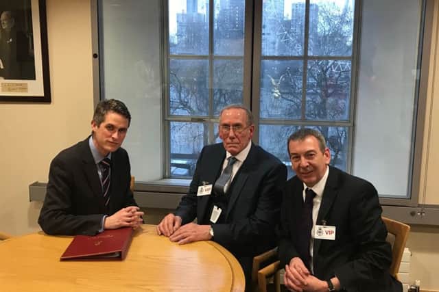Defence Secretary Gavin Williamson, Katrice Lee's dad Richie, and Hartlepool MP Mike Hill.