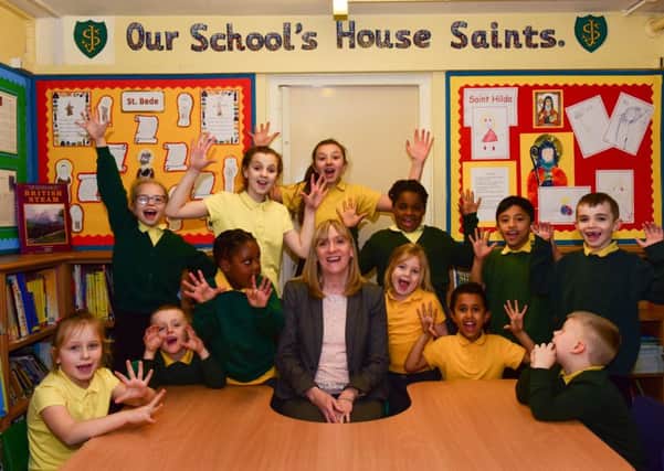 Headteacher at St Joseph's Primary School , Hartlepool, Rachel Williams with some of her pupils celebrate a good Ofsted rating.