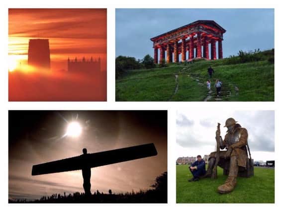 Clockwise from top left, Durham Cathedral, Penshaw Monument, Tommy and the Angel of the North.