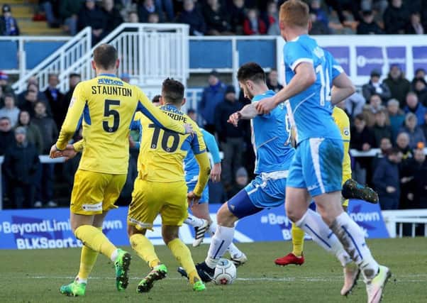 Jake Cassidy scores for Pools against Woking on Saturday.