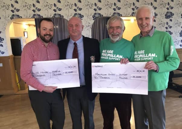 Hartlepool Club Captain Neal Thornley with George Newbury and Derek Redman of Macmillan Cancer Support and Greg Hildreth of Alice House Hospice.