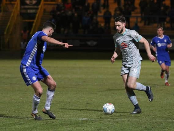 Jake Cassidy in action during the recent defeat to Halifax Town at the Shay.