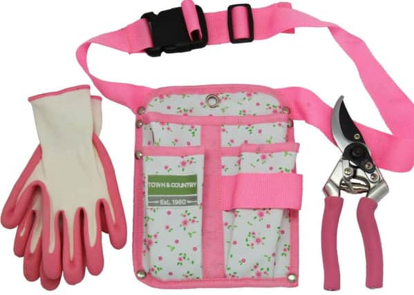 Bamboo gloves, secateurs and gardening pouch to raise cash for Breast Cancer Now. Picture by Town & Country