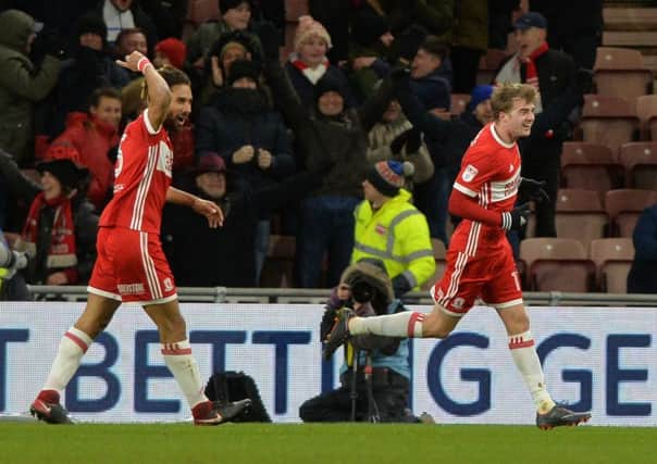 Patrick Bamford (right) celebrates his first goal for Boro against Leeds United.  Picture by Bruce Rollinson