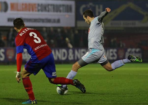 Blair Adams curls in a screamer off the post to bring Pools level at Aldershot on Tuesday. Picture by Gareth Williams/AHPIX.com