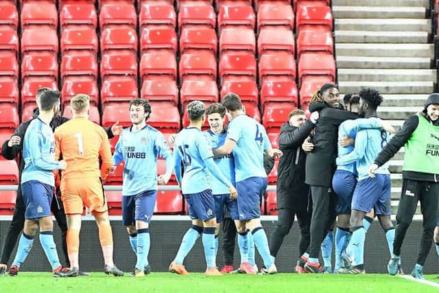 Keeper Paul Woolston joins his Newcastle U23 team-mates to celebrate knocking out Sunderland last night. Picture by Frank Reid