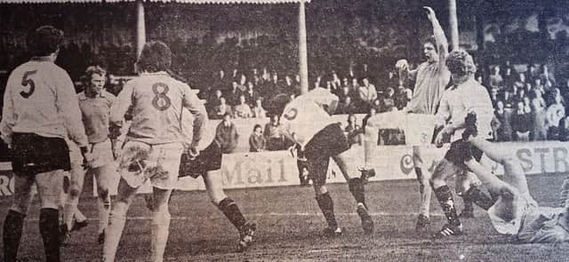 Action from the Pools 1975 match with Stockport County.