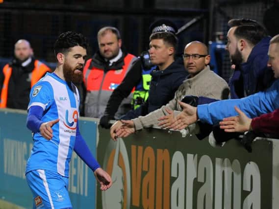Liam Donnelly talks to Hartlepool United fans.