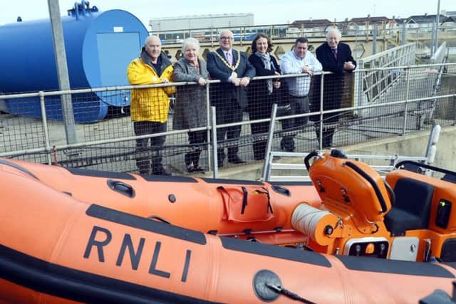 From left to right, station mechanic and second coxswain Garry Waugh, Hartlepool Mayoress Mary Beck, Hartlepool Mayor Paul Beck, the High Sheriff of Durham, Mrs Caroline Peacock, Hartlepool RNLI lifeboat operations manager Chris Hornsey and Jonathan Peacock. Picture by RNLI/Tom Collins.