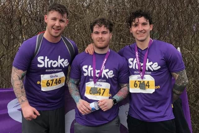 Lewis Braham (right) with Jay Corbett (left) and Lewis Ferry (centre) in a Stroke Resolution run for Stroke Association.