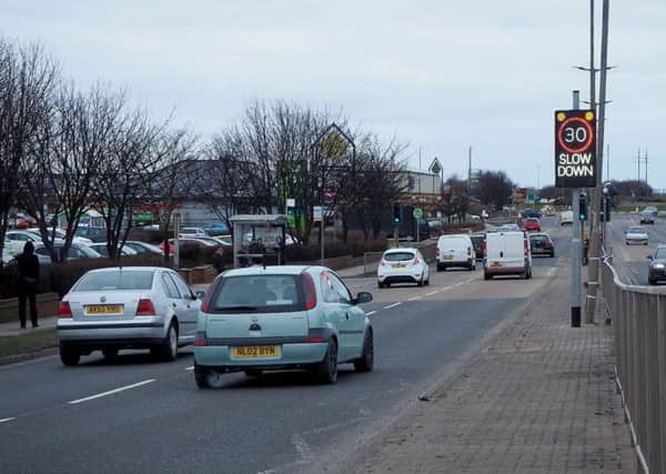 One of the two speed warning signs in Marina Way, Hartlepool. Picture by Frank Reid