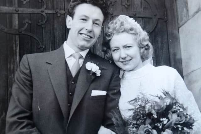 Dora and Russ Smith on their Wedding Day outside of St Mary's Church Horden.