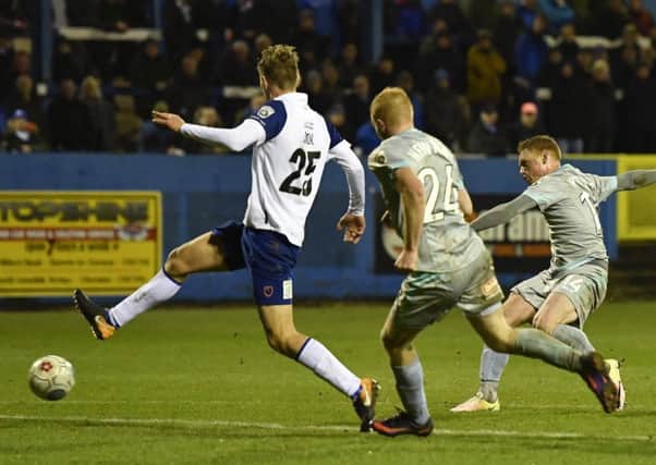 Michael Woods fires in a shot for Pools in last night's win at Barrow. Picture by Steve Flynn/AHPix.com